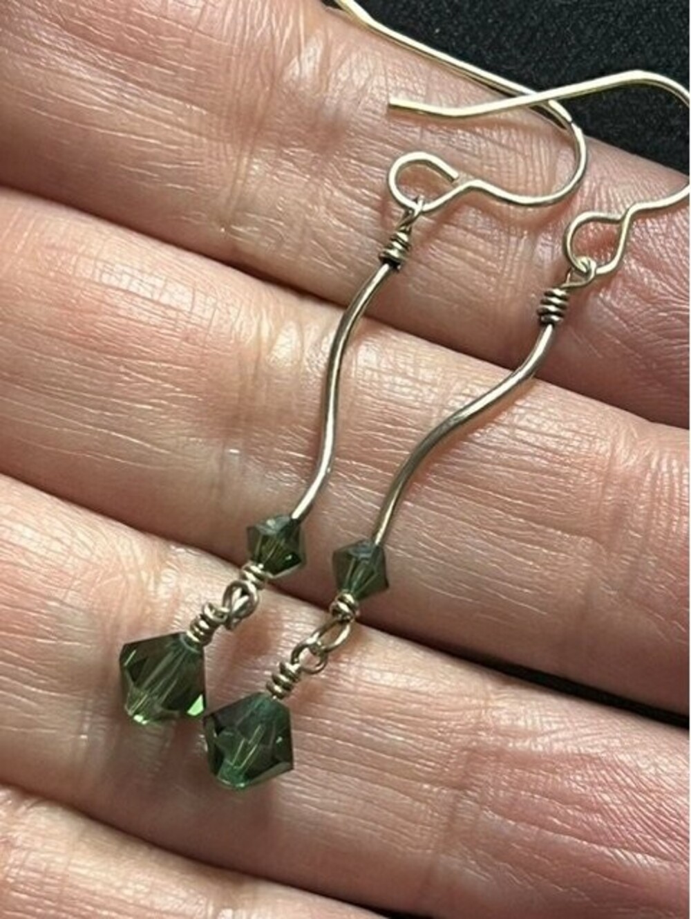 B6999 Spiral Dangle Earrings Sterling Silver 2" Green Faceted Crystal